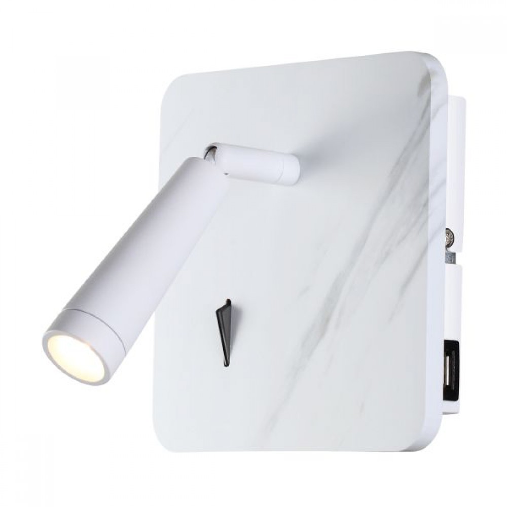 LED Απλίκα Τοίχου 3W με Διακόπτη και Θύρα USB Λευκή (Όψη Μαρμάρου)