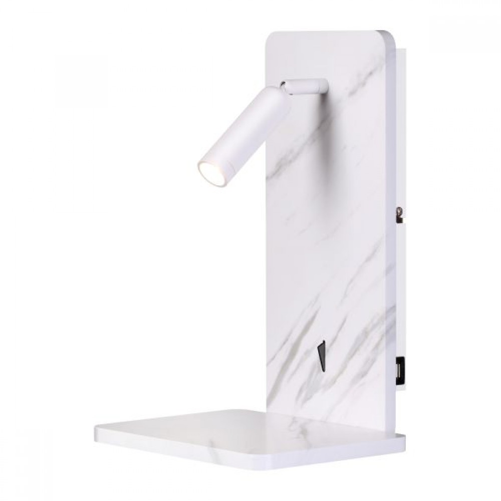 LED Απλίκα Τοίχου 3W με Διακόπτη και Θύρα USB Λευκή (Όψη Μαρμάρου)