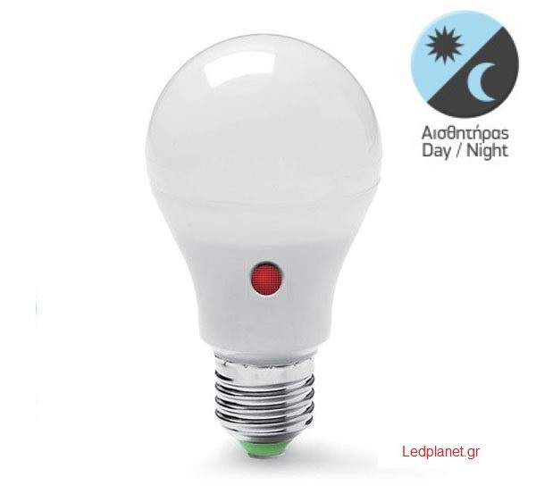 LED Λάμπα E27 A60 9W Με Αισθητήρα Ημέρας-Νύχτας Θερμό Φως 3000K