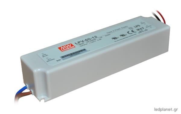 Αδιάβροχο Τροφοδοτικό led-driver 60W στα 12V για ταινίες & λάμπες LED πλαστικό IP67 Mean Well