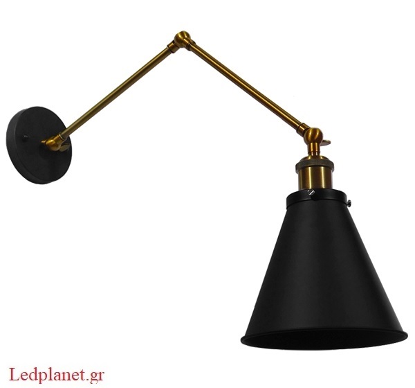 Vintage Industrial Μαύρο Φωτιστικό Τοίχου Απλίκα με Χρυσό Σπαστό Βραχίονα
