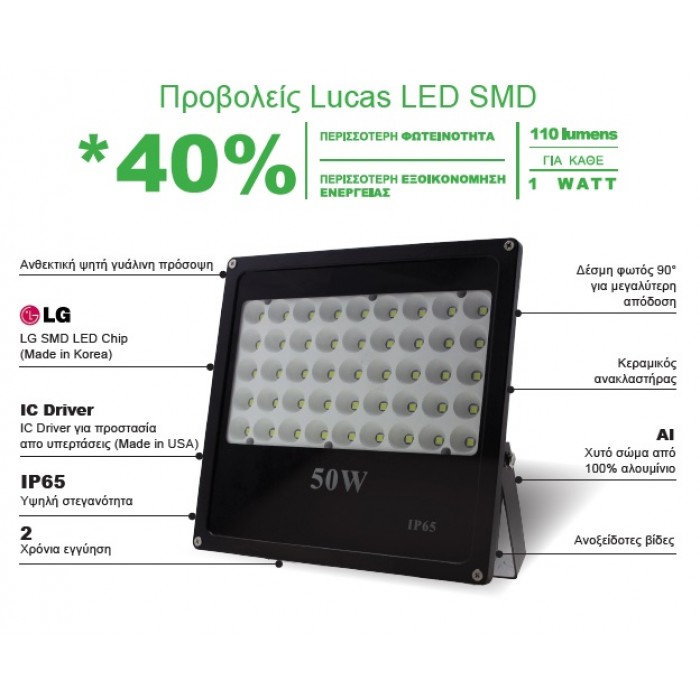 LG Chip Προβολέας LED SMD 70W Μαύρος 230V σε Θερμό Λευκό 2700Κ IP65 Αδιάβροχος - Image 2
