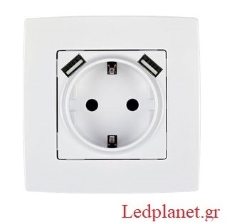 Πρίζα Σούκο Με 2 USB Λευκή Με Παιδική Προστασία 16A