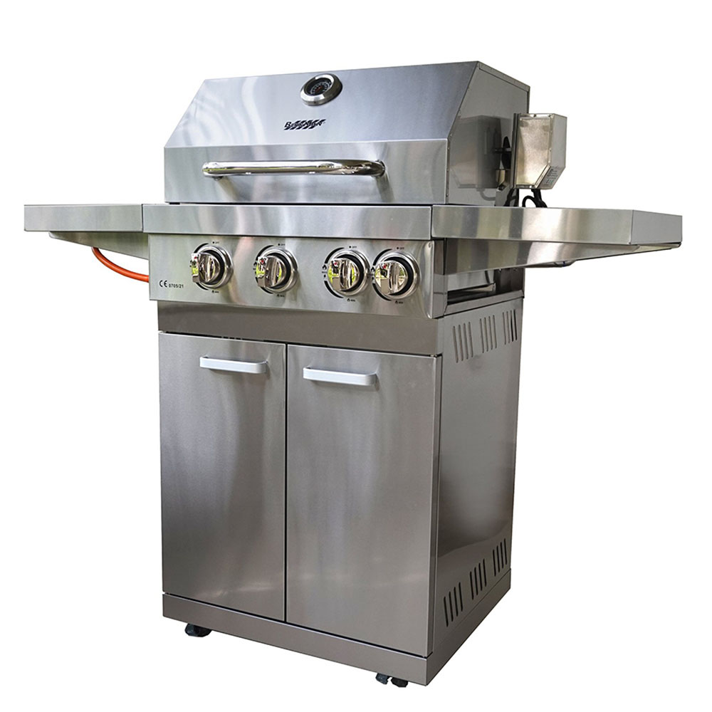 BBQ Ψησταριά Υγραερίου BERKMAN Inox με 3 Εστίες, Μοτέρ με Σούβλα και 1 Πλαΐνη Εστία